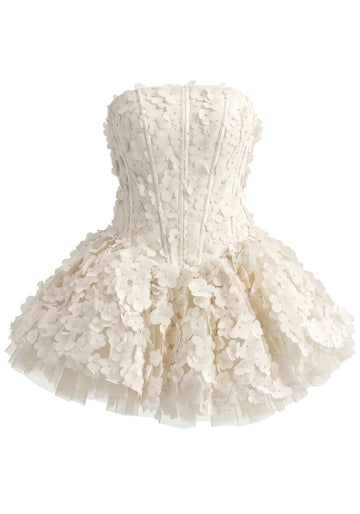 Strapless Floral Petal A Line Corset Dress Ivory