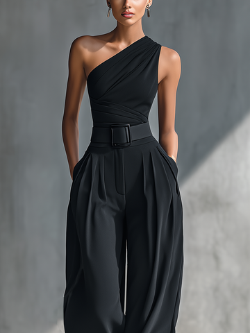 Women's Black Knitted One-Shoulder Ruched Top MDZ2477B1T