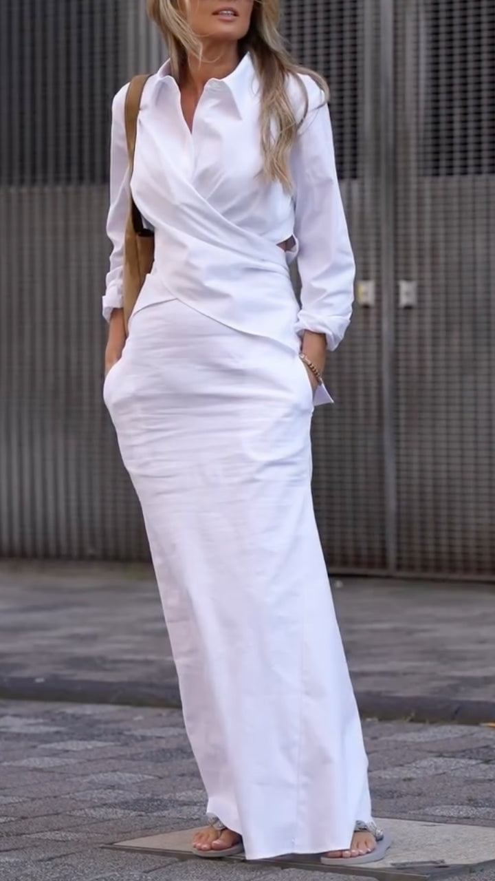 Wrap Collar Maxi Shirt Dress With Pockets