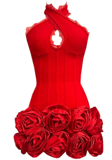 Halter Lace Insert Floral Dress Red