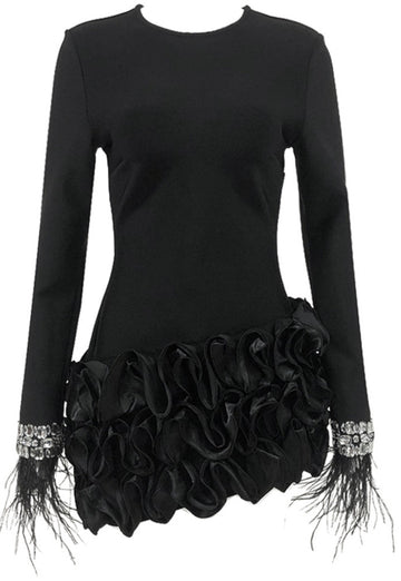 Crystal Feather Long Sleeve Ruffle Detail Dress Black