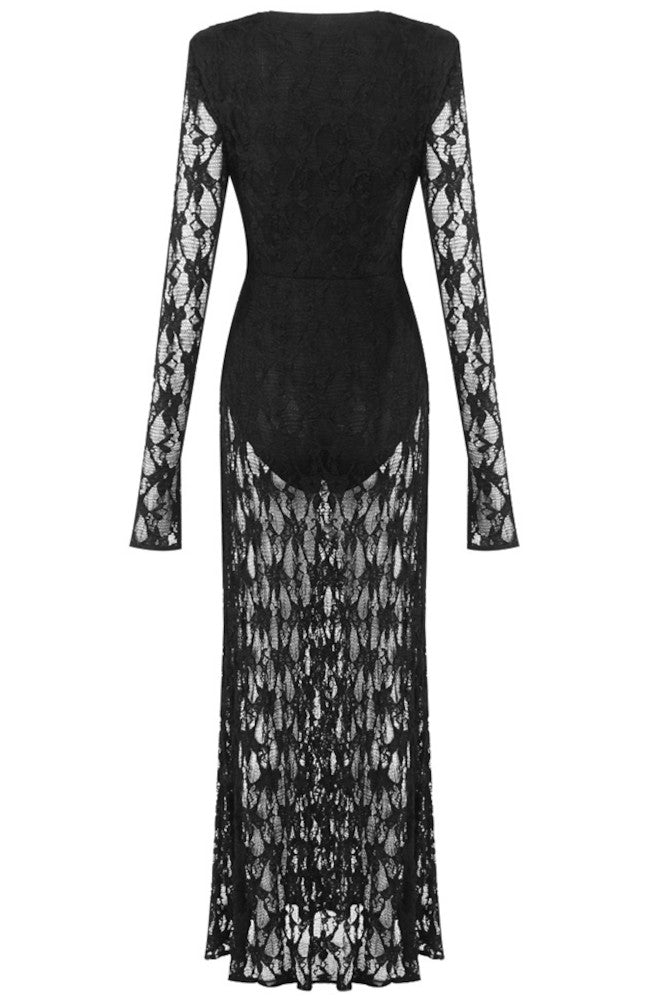 Long Sleeve Draped Detail Lace Maxi Dress Black