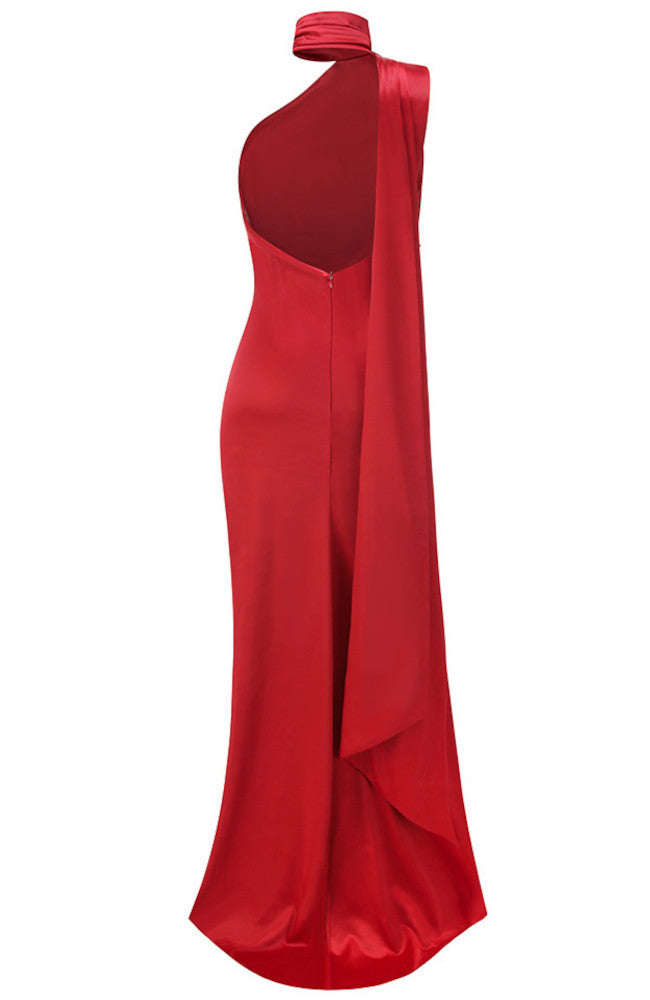 Halter Floral Silk Maxi Dress Red