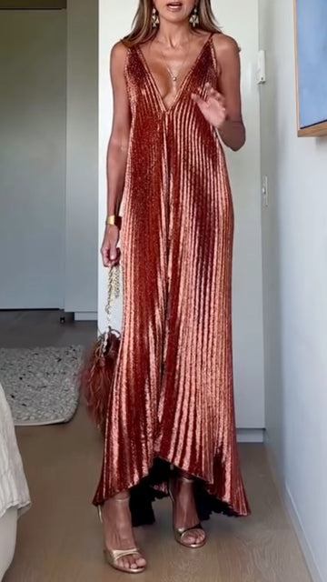 Women's V-Neck Spaghetti Strap Irregular Pleated Maxi Vacation Dress