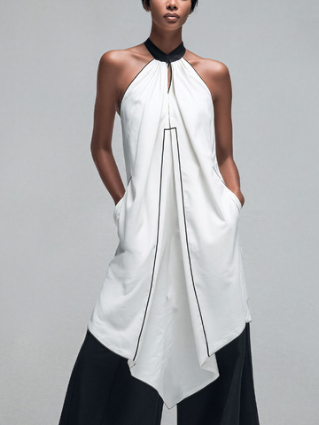 Women’s White Cotton Blend Halter Neck Asymmetrical Tunic Top With Black Contrast Piping MDZ2704D0T