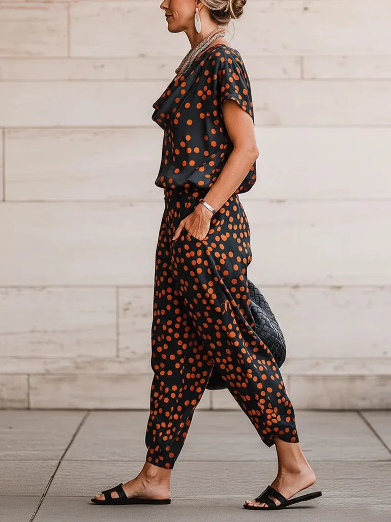 Black Satin Polka Dot TurtleneckTop And Loose-fitting Lantern Pants Suit