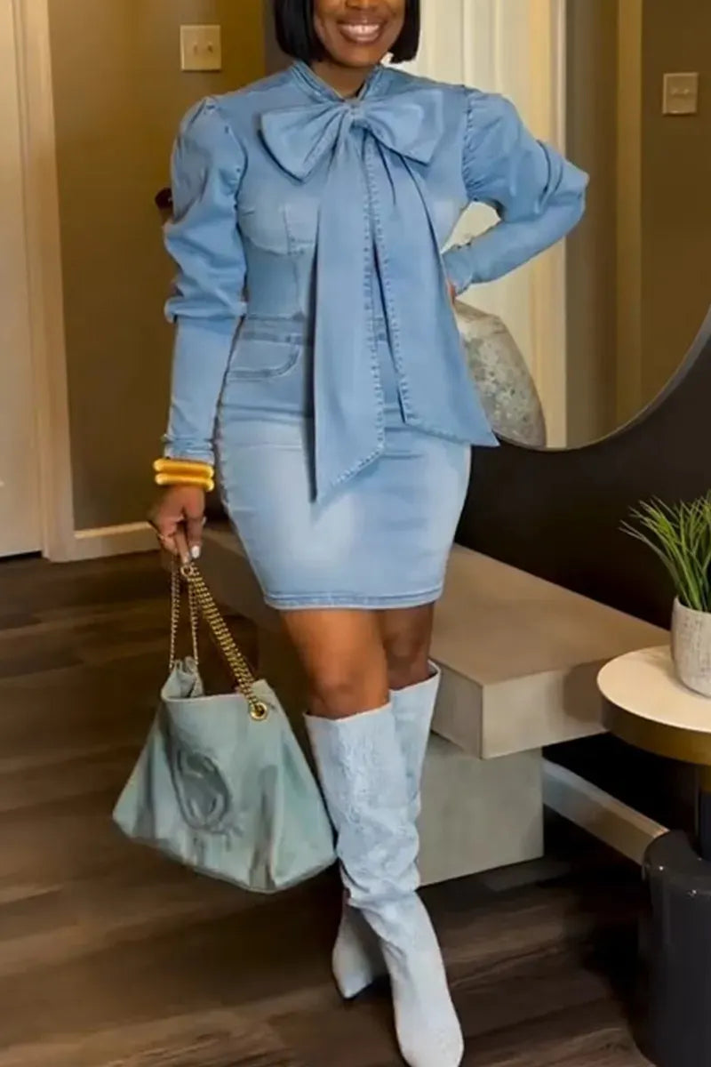 Women's Long-Sleeved Denim Dress With Bow Tie