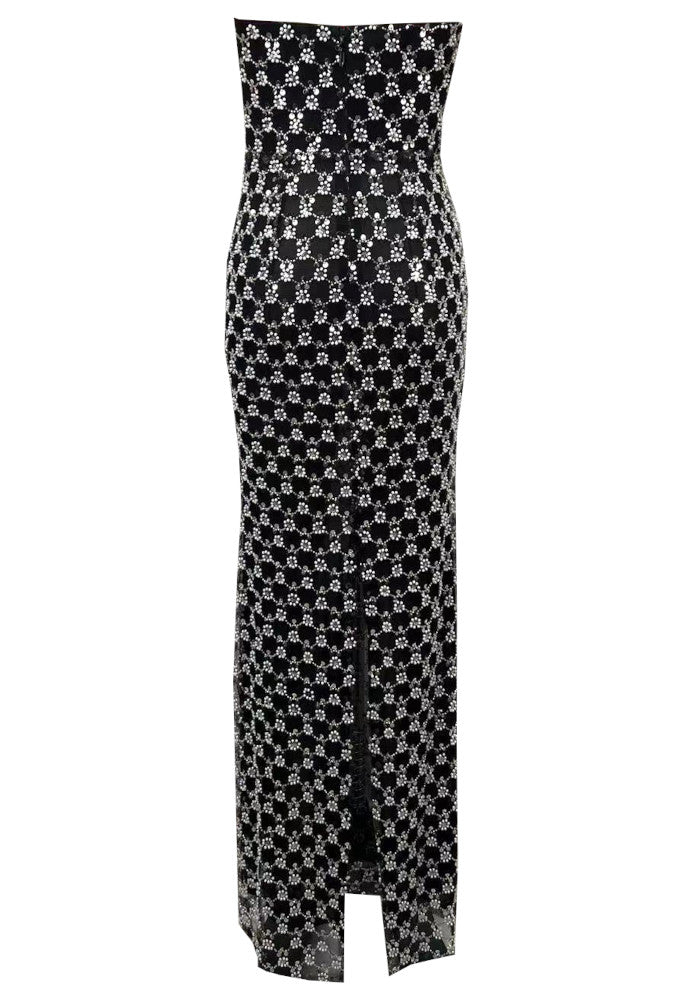 Strapless Crystal Lips Maxi Dress Red Black