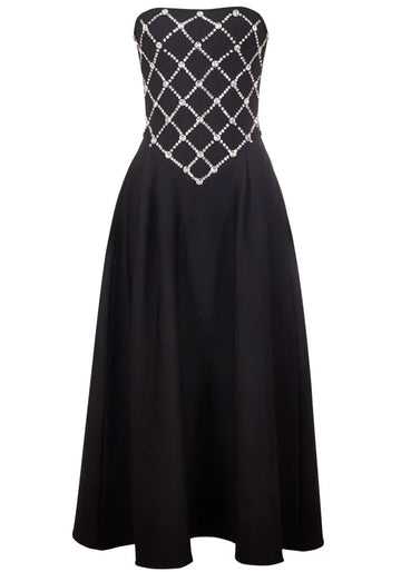 Strapless Crystal Design A Line Dress Black