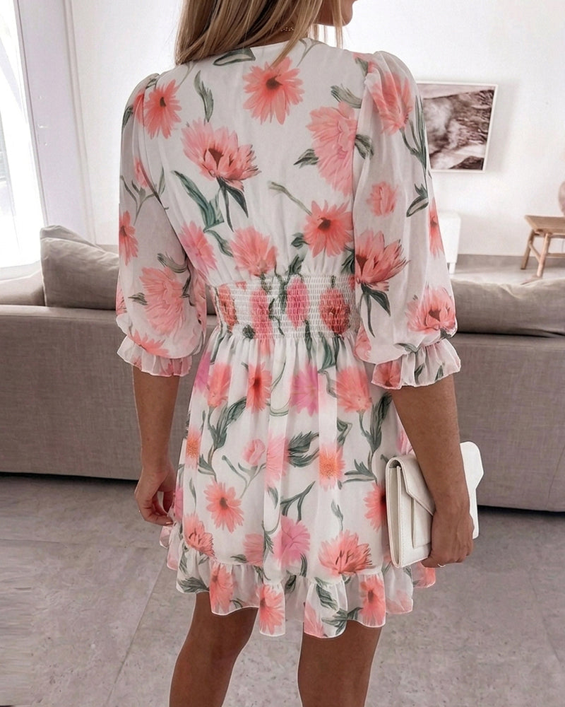 Floral Print Overlap Deep V-Neck Half Sleeve Shirred Waist A Line Dress Casual Flared Cuffs Ruffle Hem Chiffon Dress