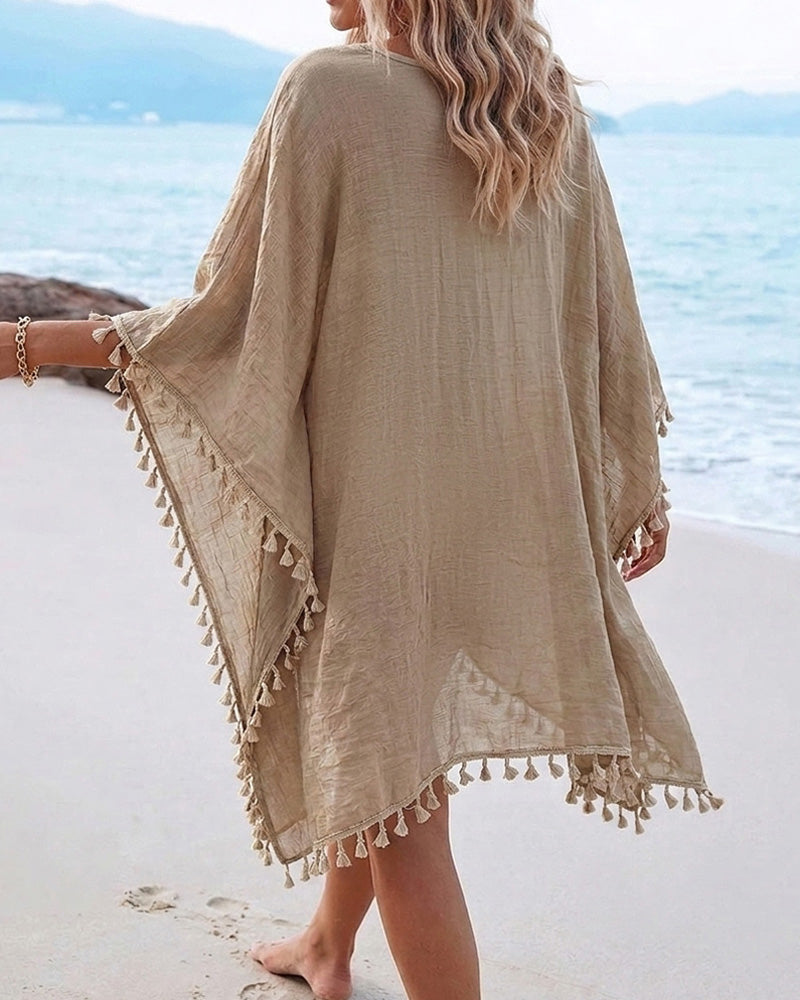 Women's Front & Back Reversible Beach Cover Up Crochet Lace Hollow Out Spliced Tassel Vacation Caftan Dress