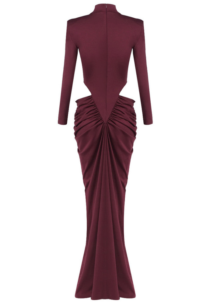 Long Sleeve Draped Cut Out Detail Maxi Dress Burgundy