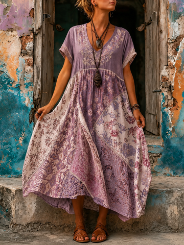 Women's Vacation Linen Floral Print V-Neck Short Sleeve Maxi Dress