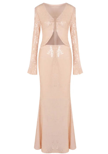 Long Sleeve Sequin Two Piece Maxi Dress Peach
