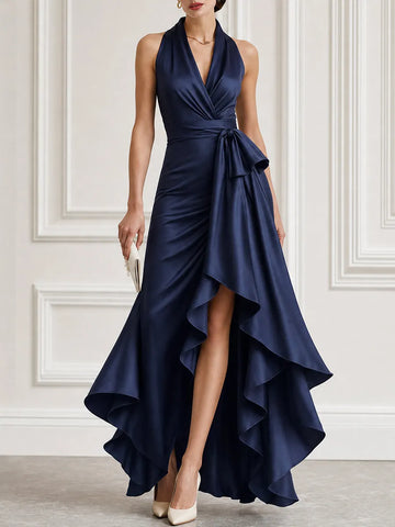 Satin Halter Bow-Waist High-Low Maxi Gown