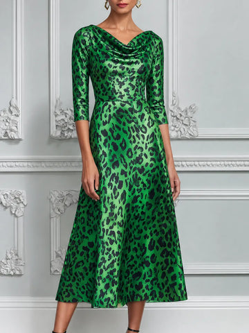 Emerald Green Leopard Print Cowl Neck A-Line Midi Dress