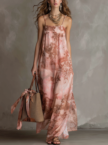 Romantic Bohemian Blush Floral Flowing Long Dress