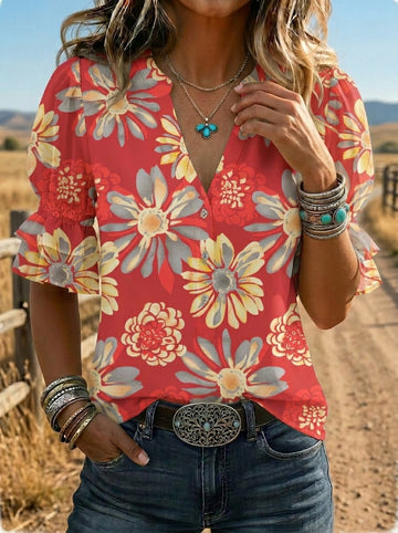 Women's Retro Floral Art Puff Sleeve Casual Shirt