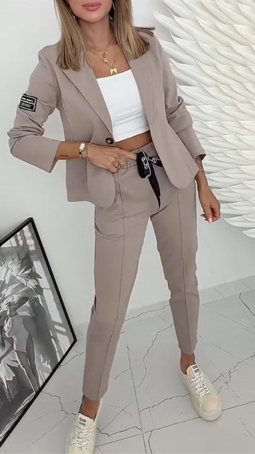 Women's Collared Short Blazer & Trousers Casual Set