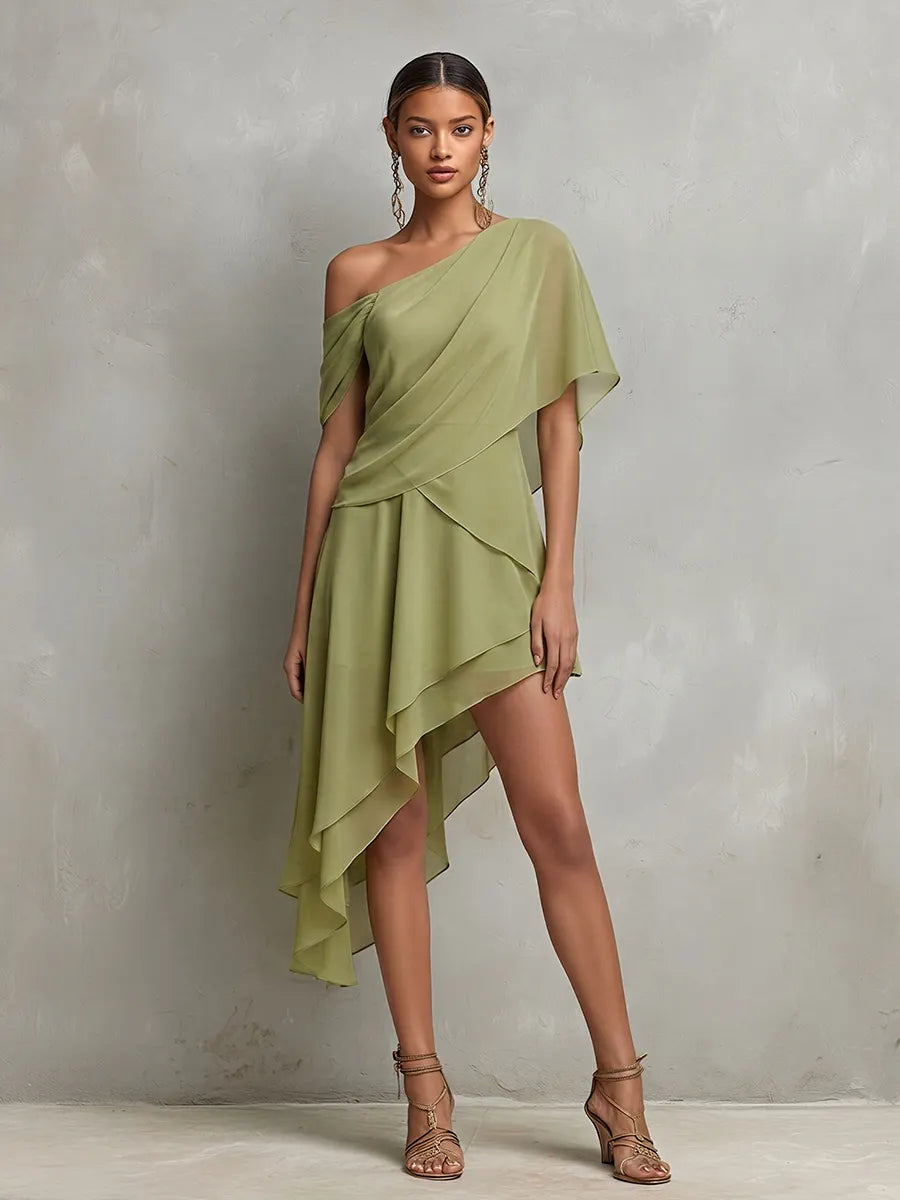 Women's Sage Green Sheer Chiffon Dress With Asymmetrical Neckline & High-Low Hem, Modern Effortless-Elegant Cocktail Dress MDZ2241D8LYL
