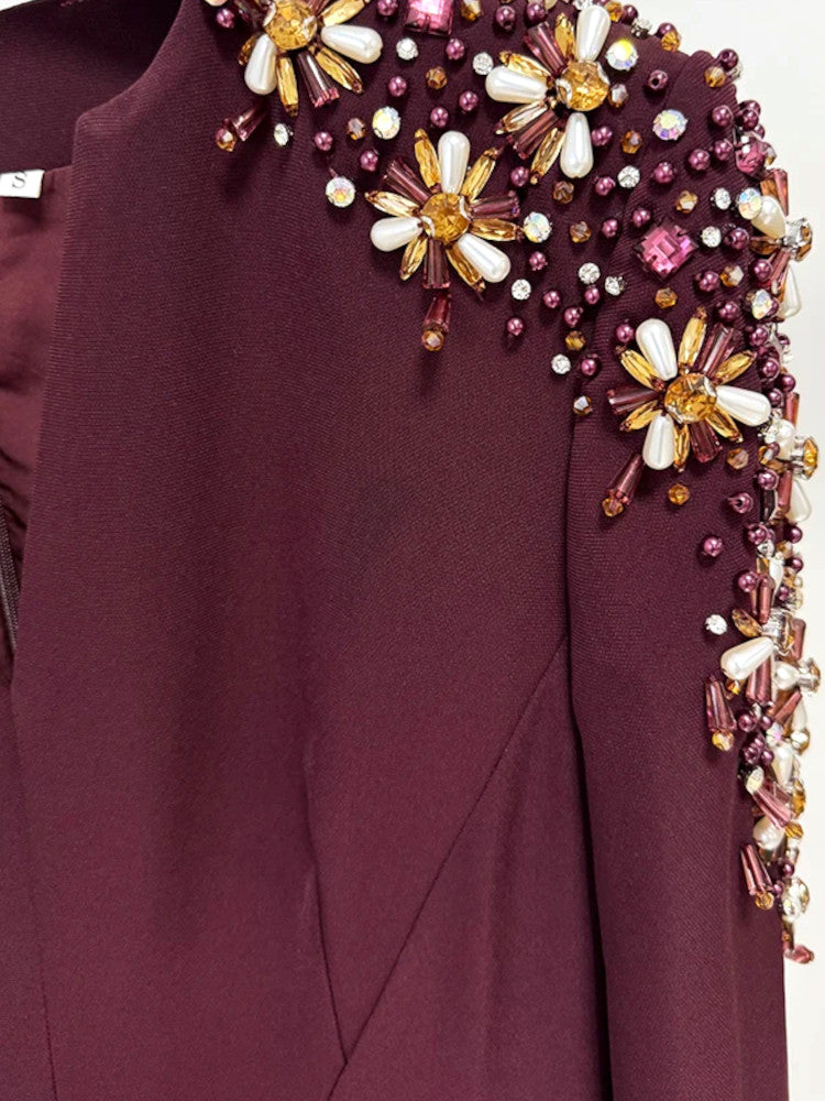 Long Sleeve Embellished Shoulders Maxi Dress Burgundy