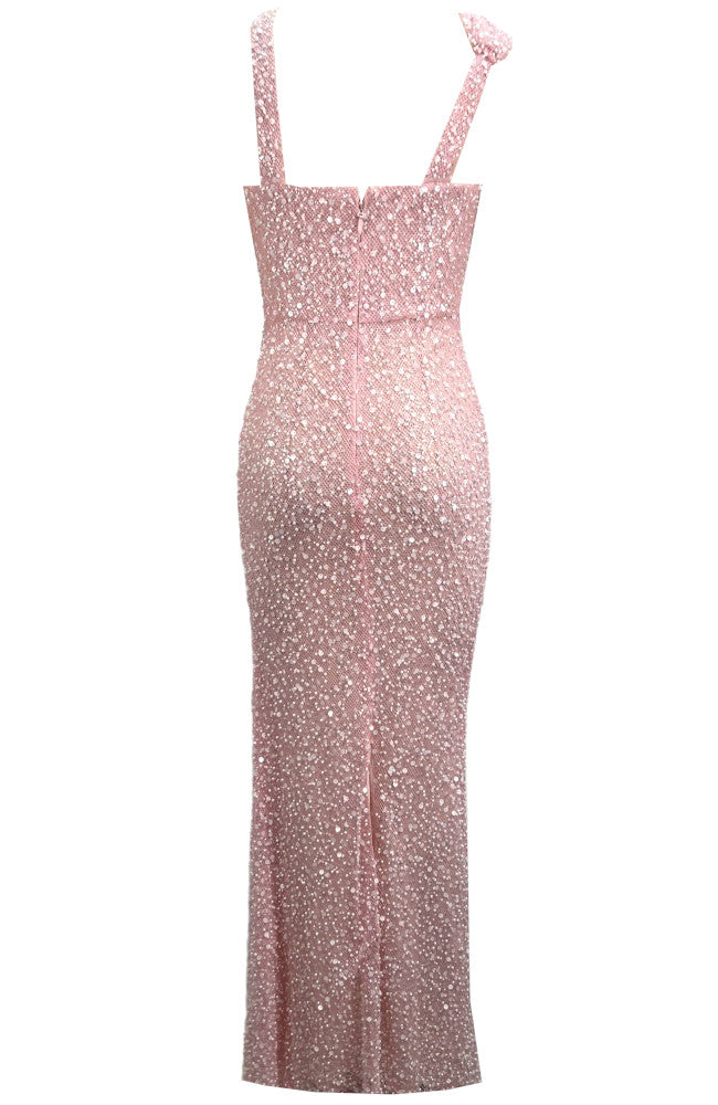 Halter Draped Sequin Maxi Dress Pink