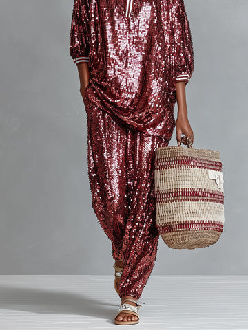 Women's Burgundy Sequin Harem Pants With Elastic Waist & Tapered Ankle, Timeless Party-Glam Style Pants MDZ1663D2LYL
