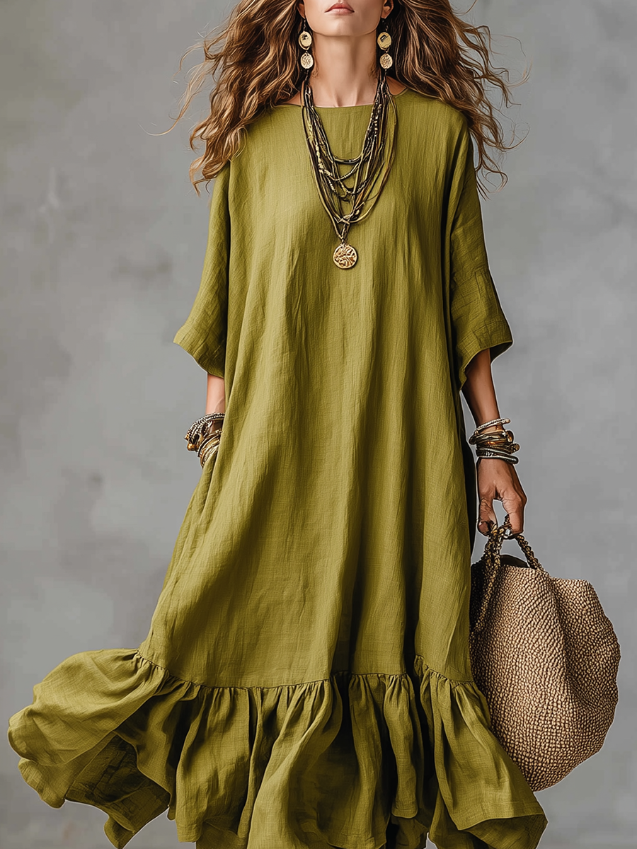 Lazy Bohemian Olive Green Ruffled Maxi Dress