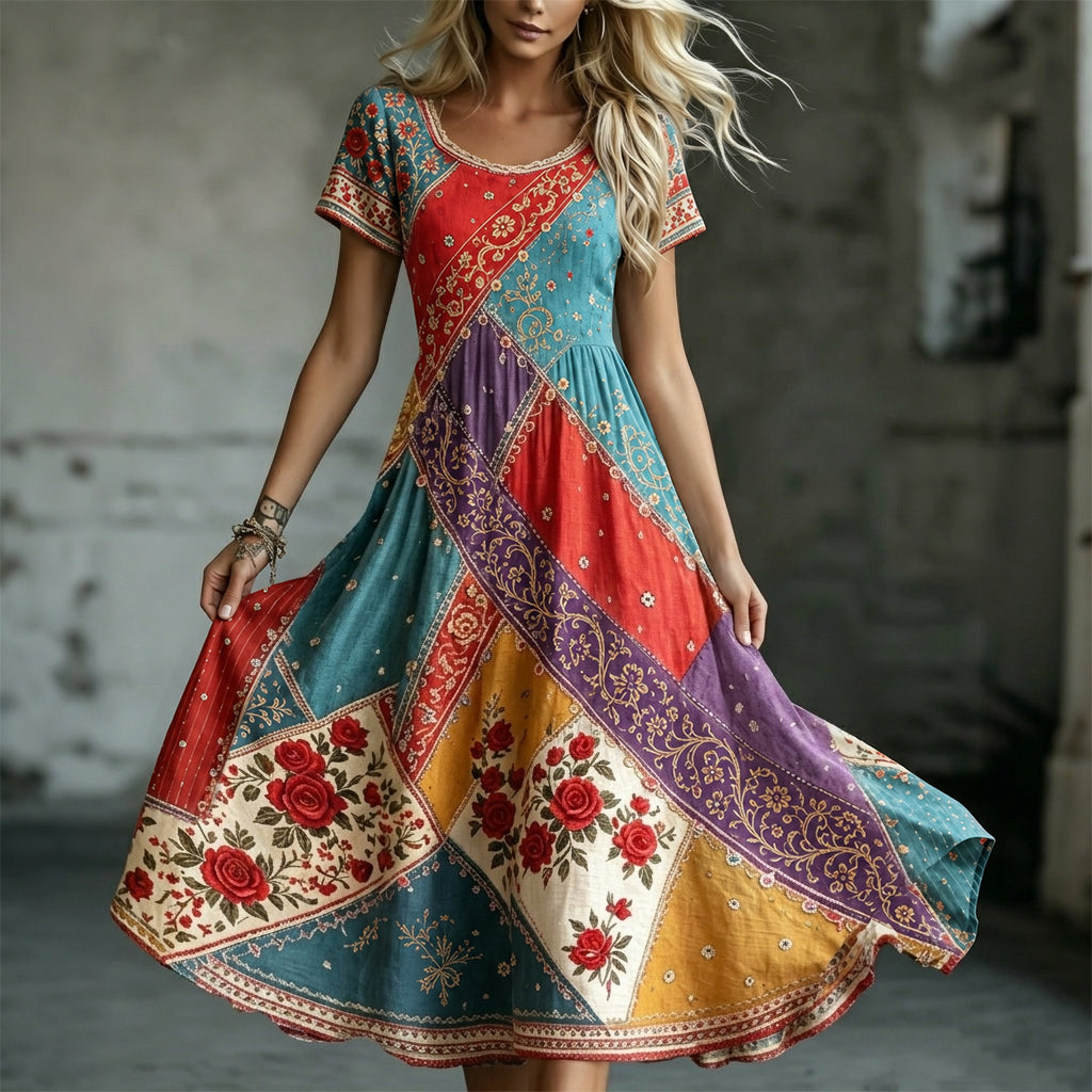 Women's Retro Bohemian Floral Color-blocked Casual Round Neck Dress