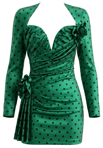 Long Sleeve Floral Polka Dot Dress Green