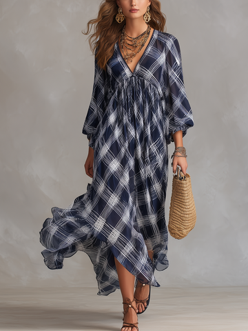 French Style Relaxed Navy Blue Plaid Flowing Maxi Dress