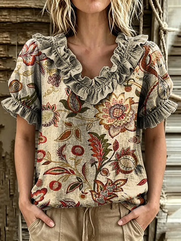 Women's Folk Flowers Print Ruffle V-Neck Puff Sleeve Blouse