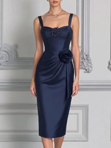 Navy Dress Fall Wedding Guest Dress Satin Rosette Pencil Midi Dress