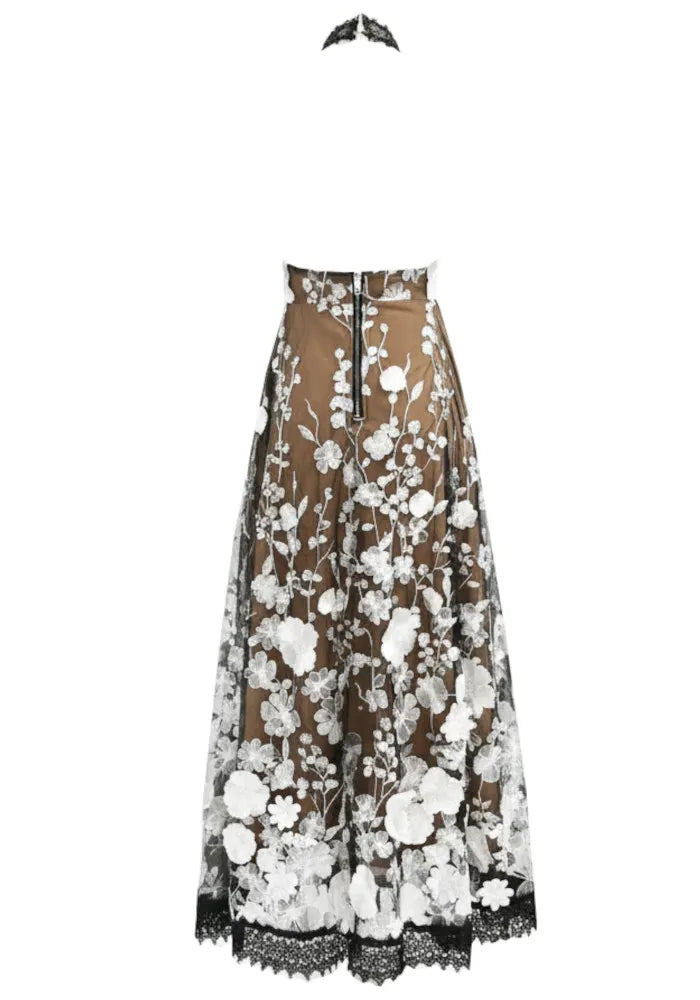 Halter Floral Crochet A Line Midi Dress Black White