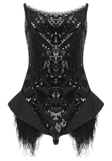Strapless Sequin Feather Bodysuit Black