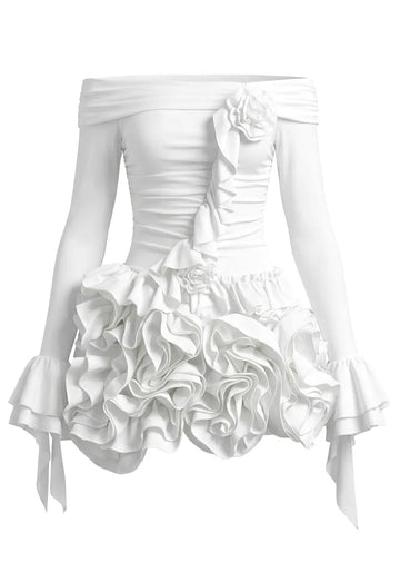Long Sleeve Bardot Floral Ruffle Two Piece Dress White