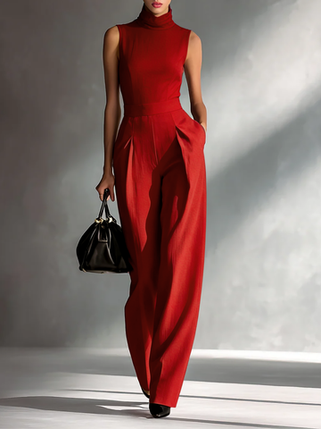 Women's Sleek Cotton-Linen Blend Burgundy Sleeveless Turtleneck Wide-Leg Jumpsuit MDA2292L5AU
