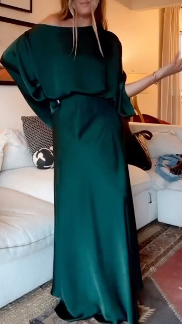 Emerald Green Satin Off Shoulder Waist-Tied Wide Leg Two Piece Set