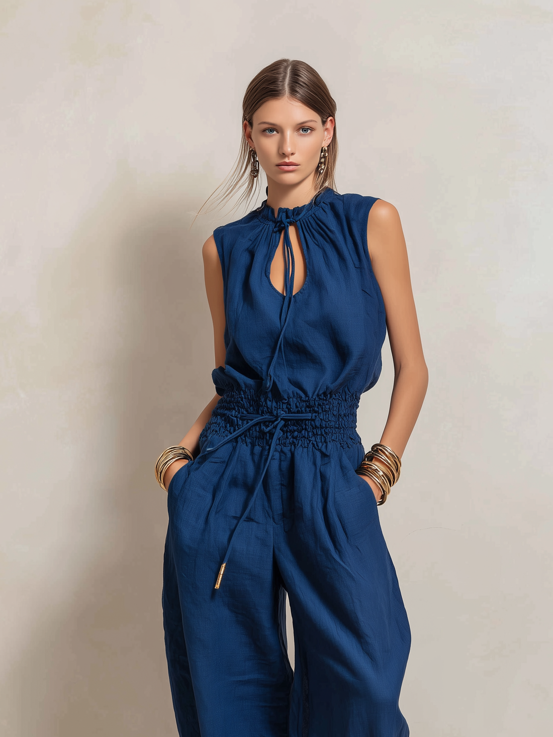 Women's Elegant Dark Blue Cotton-Linen Sleeveless Jumpsuit With Round Neck MDZ2068C2AN