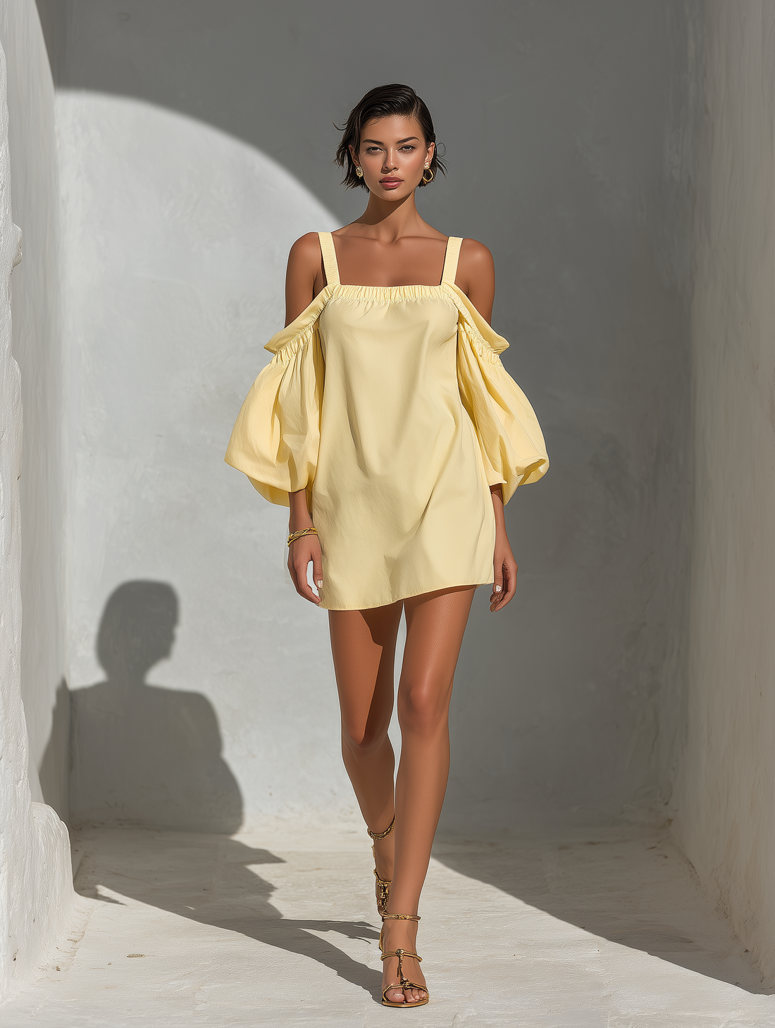 Women’s Yellow Cotton-Linen Blend Off-Shoulder Puff Sleeve Mini Dress With Square Neckline MDZ2847D1T