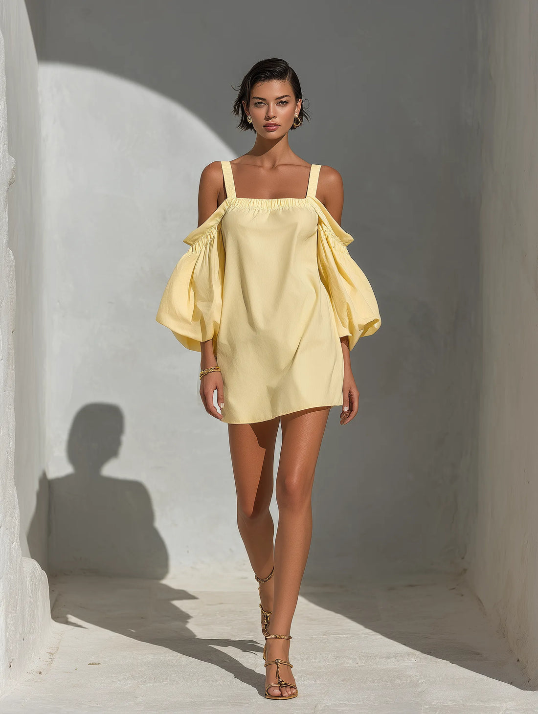 Women’s Yellow Cotton-Linen Blend Off-Shoulder Puff Sleeve Mini Dress With Square Neckline MDZ2847D1T