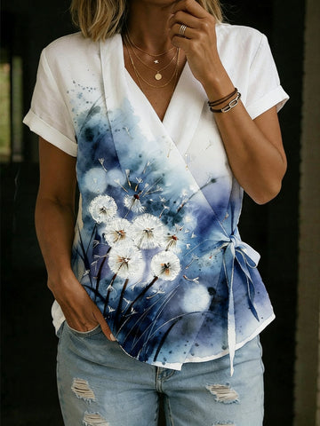 Women's Vintage Ethnic Floral Print Casual Cross-over Tie Neck Top