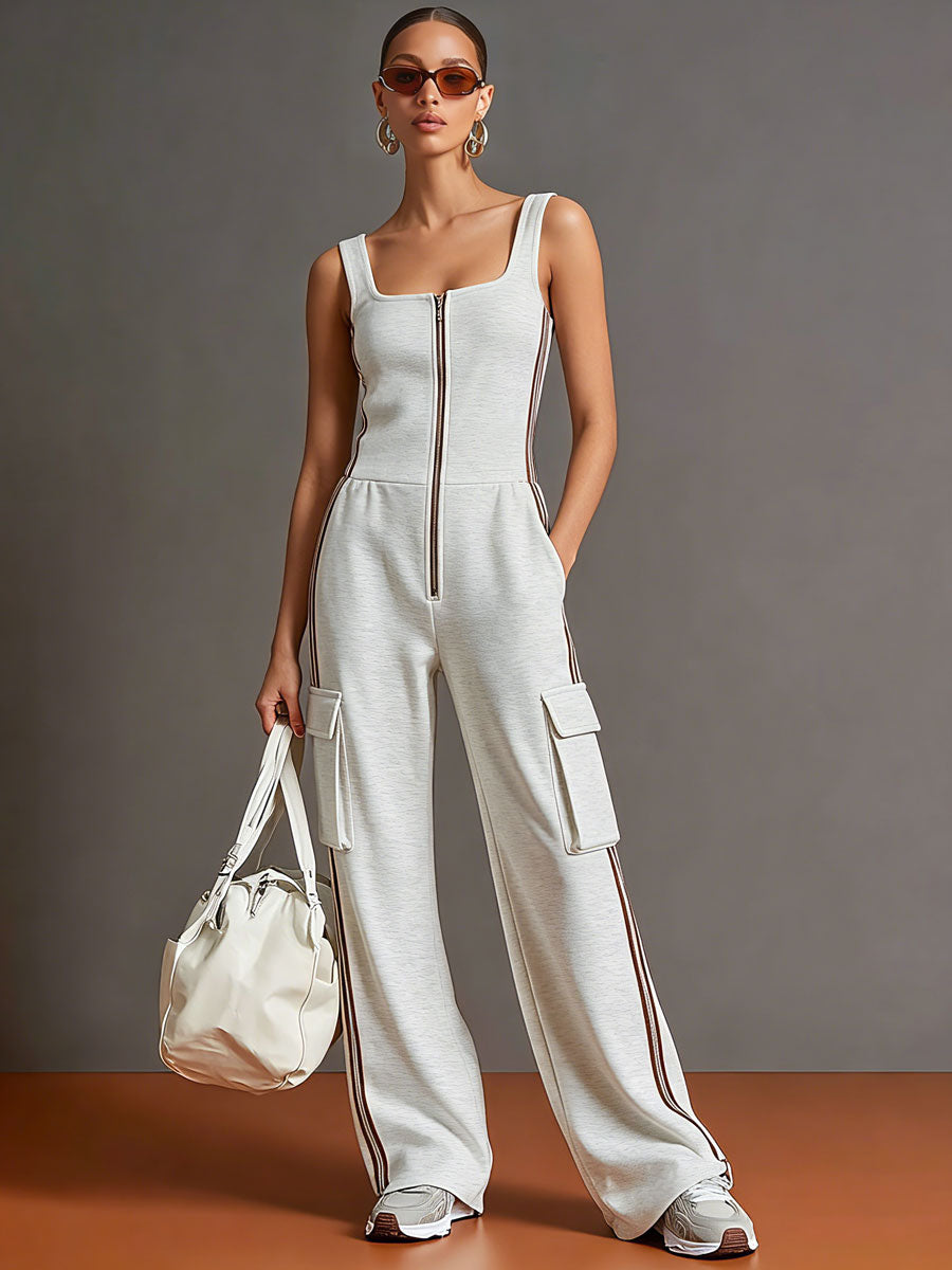 Sporty Retro Striped Webbing Grey And White Cotton Square Neck Zipper Sleeveless Jumpsuit
