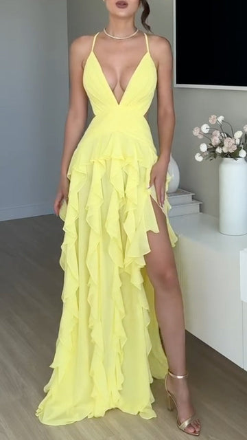 Women's Yellow Deep V-Back Ruffle Slit Maxi Dress