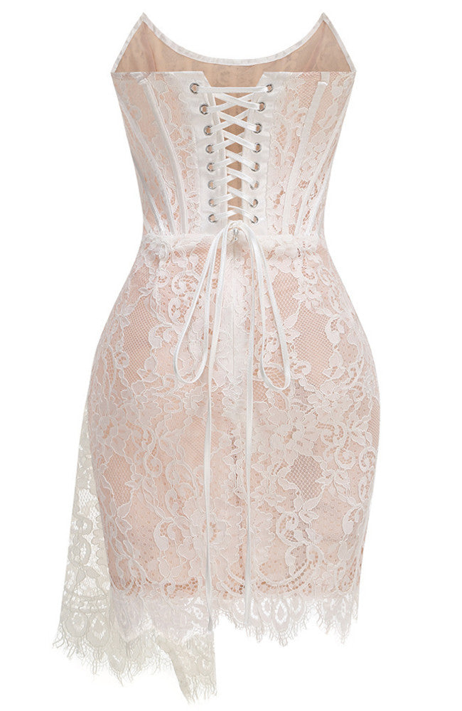 Strapless Corset Draped Lace Dress White