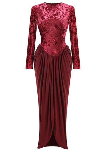Long Sleeve Draped Velvet Maxi Dress Red