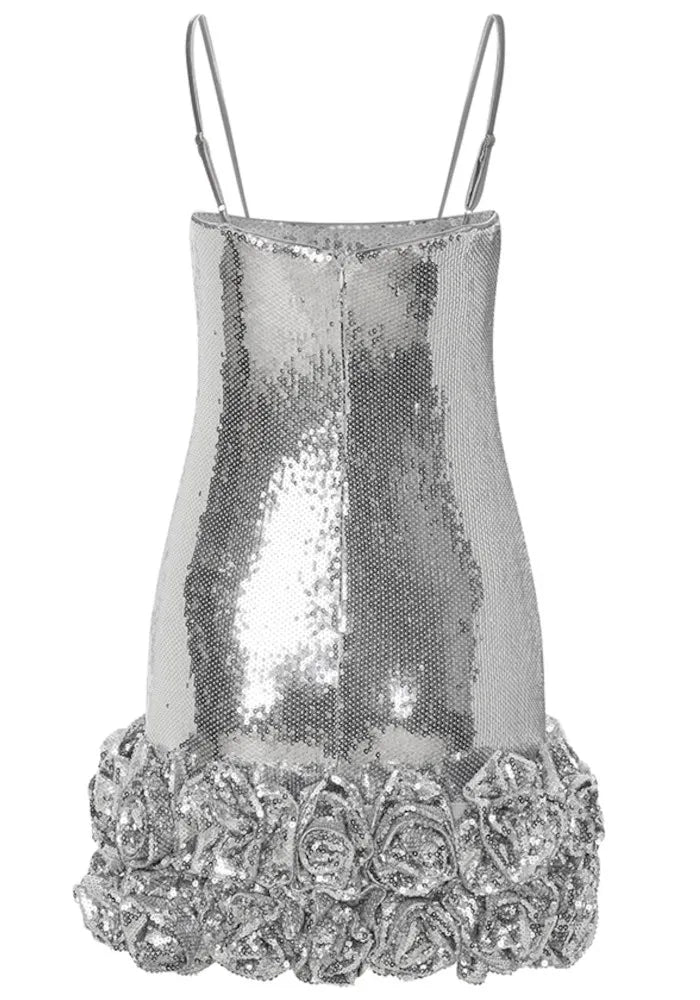 Floral Hem Sequin Dress Silver