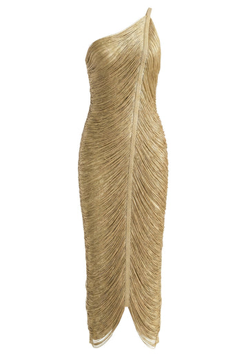 One Shoulder Tassel Detail Midi Dress Gold