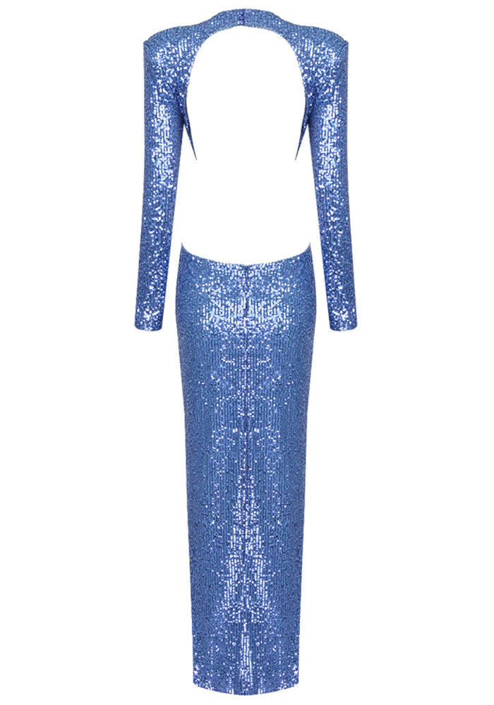Long Sleeve Crystal Flower Sequin Maxi Dress Blue