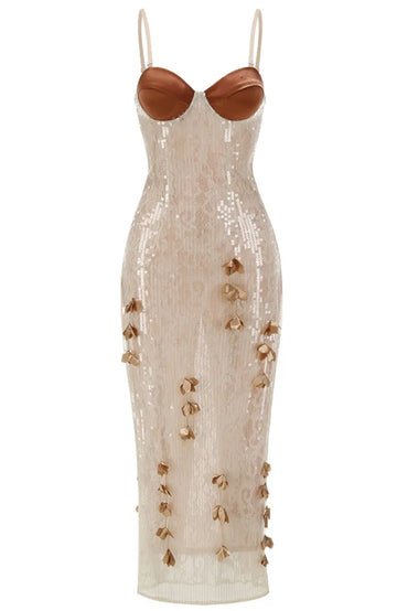 Leaf Detail Bustier Sequin Lace Maxi Dress Brown Nude